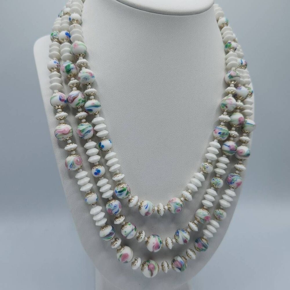Vintage Triple Strand Hand Painted Floral Ceramic Beads Necklace White Multi OS